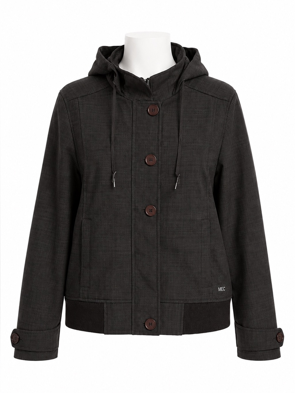 Size M MEC Women’s Fleece-Lined Soft Shell Hooded Jacket Dark Charcoal Gray